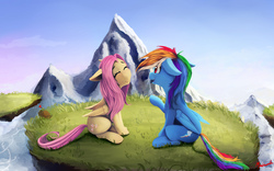 Size: 1920x1200 | Tagged: safe, artist:miokomata, fluttershy, rainbow dash, pony, g4, cute, eyes closed, female, floppy ears, grass, lesbian, listening, mare, mountain, open mouth, river, ship:flutterdash, shipping, shyabetes, signature, talking