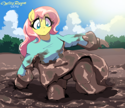 Size: 1390x1200 | Tagged: safe, artist:willisrisque, fluttershy, anthro, g4, clothes, covered in mud, female, mud, solo, squishy, unbalanced, wet and messy