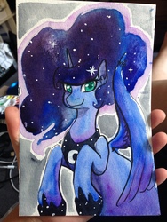 Size: 960x1280 | Tagged: safe, artist:whale, princess luna, pony, g4, female, horseshoes, jewelry, looking at you, peytral, regalia, smiling, solo, traditional art, watercolor painting