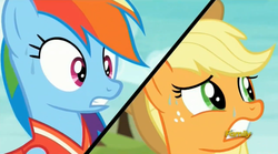 Size: 1277x709 | Tagged: safe, screencap, applejack, rainbow dash, pony, buckball season, g4, season 6, discovery family logo