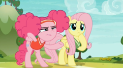 Size: 1669x927 | Tagged: safe, screencap, fluttershy, pinkie pie, earth pony, pegasus, pony, buckball season, g4, my little pony: friendship is magic, alternate hairstyle, bipedal, clothes, duo, duo female, female, mare, vest