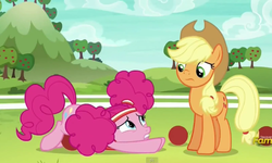 Size: 588x353 | Tagged: safe, screencap, applejack, pinkie pie, pony, buckball season, g4, my little pony: friendship is magic, ball, clothes, cropped, cute, discovery family logo, duo, pinktails pie