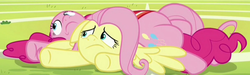 Size: 1198x360 | Tagged: safe, screencap, fluttershy, pinkie pie, pony, buckball season, g4, my little pony: friendship is magic