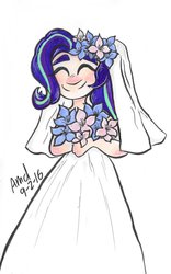 Size: 706x1131 | Tagged: safe, artist:grocerystorephobic, starlight glimmer, human, g4, clothes, cute, dress, eyes closed, female, flower, glimmerbetes, humanized, simple background, smiling, solo, thick eyebrows, wedding dress, white background