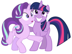 Size: 10000x7500 | Tagged: safe, artist:tardifice, starlight glimmer, twilight sparkle, alicorn, pony, g4, no second prances, absurd resolution, closer, cute, duo, open mouth, photoshop, raised hoof, simple background, teacher and student, transparent background, twilight sparkle (alicorn)