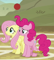 Size: 439x491 | Tagged: safe, screencap, fluttershy, pinkie pie, earth pony, pegasus, pony, buckball season, g4, animated, bouncing, discovery family logo, duo, female, gif, loop, mare, prehensile mane