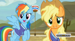 Size: 1279x713 | Tagged: safe, edit, edited screencap, screencap, applejack, rainbow dash, buckball season, g4, brazzers, female, looking at you, messy mane