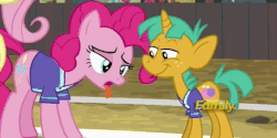 Size: 572x285 | Tagged: safe, screencap, fluttershy, pinkie pie, snails, pony, unicorn, buckball season, g4, animated, colt, female, gif, invisible stallion, loop, male, offscreen character, out of context, tired