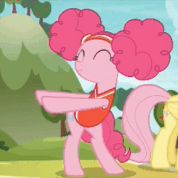 Size: 400x400 | Tagged: safe, screencap, fluttershy, pinkie pie, pony, buckball season, g4, alternate hairstyle, animated, bipedal, clothes, cropped, dancing, eyes closed, female, gif, loop, pinktails pie, solo focus