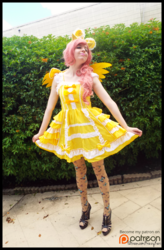 Size: 1314x2000 | Tagged: safe, artist:krazykari, fluttershy, human, g4, clothes, cosplay, costume, dress, high heels, irl, irl human, pantyhose, photo, sandals, shoes, solo