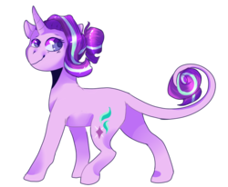 Size: 765x629 | Tagged: safe, artist:phewmonsuta, artist:tinttiyo, starlight glimmer, classical unicorn, pony, unicorn, g4, cutie mark, female, horn, leonine tail, looking over shoulder, mare, simple background, smiling, solo, transparent background, walking