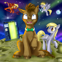 Size: 900x900 | Tagged: safe, artist:swanlullaby, derpy hooves, doctor whooves, time turner, earth pony, pegasus, pony, background pony, bowtie, conscience, doctor who, duo, female, light, mare, moon, open mouth, scared, shoulder angel, shoulder devil, space, stars, tardis, the doctor, unshorn fetlocks