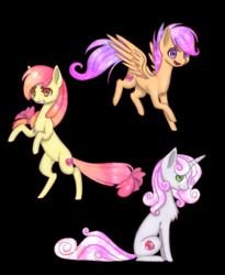 Size: 2552x3112 | Tagged: safe, artist:hikarie-katsura, apple bloom, scootaloo, sweetie belle, g4, black background, cutie mark, cutie mark crusaders, glowing mane, high res, rearing, simple background, the cmc's cutie marks