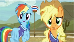 Size: 1282x722 | Tagged: safe, screencap, applejack, rainbow dash, pony, buckball season, g4, appleloosa, dirty, loose hair, messy mane, out of context, tired