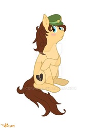 Size: 600x786 | Tagged: safe, artist:corwolf, oc, oc only, oc:heartbreak, earth pony, pony, blushing, branding, cyan eyes, female, hat, heart, human in equestria, human to pony, male to female, mare, messy mane, my little heartbreak, rubbing, rule 63, sitting, solo, watermark