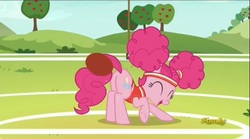 Size: 1281x714 | Tagged: safe, screencap, pinkie pie, earth pony, pony, buckball season, g4, alternate hairstyle, ball, butt, butt bump, clothes, discovery family logo, eyes closed, female, mare, pinktails pie, plot, solo