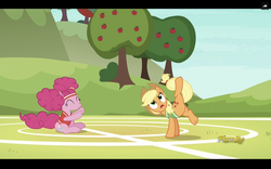 Size: 1280x800 | Tagged: safe, screencap, applejack, pinkie pie, pony, buckball season, g4, active stretch, bottomless, clothes, discovery family logo, flexible, partial nudity, pinktails pie