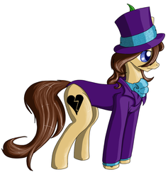 Size: 813x859 | Tagged: safe, artist:zero-j, oc, oc only, oc:heartbreak, earth pony, pony, blue eyes, branding, clothes, female, frock coat, hat, heart, human in equestria, human to pony, mad hatter, mad hatter hat, male to female, mare, messy mane, my little heartbreak, rule 63, solo, suit