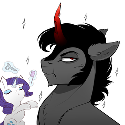 Size: 2000x2000 | Tagged: safe, artist:evehly, king sombra, rarity, g4, alternate hairstyle, annoyed, comb, duo, eyes closed, fabulous, high res, magic, red eyes, scissors, short hair, unamused, underhoof
