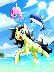 Size: 1280x1707 | Tagged: safe, artist:phoenixperegrine, oc, oc only, dolphin, pony, unicorn, beach, happy