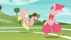 Size: 858x477 | Tagged: safe, screencap, fluttershy, pinkie pie, pony, buckball season, g4, animated, balancing, bouncing, clothes, cute, diapinkes, discovery family logo, duo, eyes closed, female, flying, fun, gif, grin, handstand, jersey, juggling, open mouth, pinktails pie, prehensile tail, smiling, talking, upside down