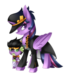 Size: 2450x2651 | Tagged: safe, artist:scarlet-spectrum, spike, twilight sparkle, alicorn, pony, g4, anime, clothes, crossed arms, crossover, duo, fingerless gloves, gloves, gold chains, hat, high res, jojo's bizarre adventure, jotaro kujo, looking at you, simple background, star platinum, the mane is the hat, transparent background, twilight sparkle (alicorn)