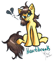Size: 839x952 | Tagged: safe, artist:cojiro, oc, oc only, oc:heartbreak, earth pony, pony, angry, cyan eyes, female, heart, human in equestria, human to pony, male to female, mare, messy mane, my little heartbreak, rule 63, sitting, solo, traditional art