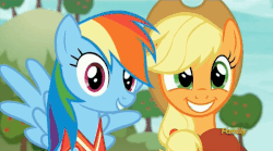 Size: 858x477 | Tagged: safe, screencap, applejack, rainbow dash, pony, buckball season, g4, ball, clothes, gif, jersey, non-animated gif, smiling