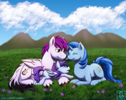 Size: 1024x819 | Tagged: safe, artist:shrineheart, oc, oc only, oc:fishie wishes, oc:reverb skyriff, pegasus, pony, unicorn, couple, cute, family, female, filly, foal