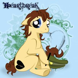 Size: 1270x1280 | Tagged: safe, artist:cloclo2388, oc, oc only, oc:heartbreak, butterfly, earth pony, pony, blue eyes, branding, clothes, cracked, female, flower, gold, hat, heart, hole, human in equestria, human to pony, leaf, male to female, mare, mechanical pencil, messy mane, my little heartbreak, pencil, rule 63, sad eyes, sitting, smiling, solo