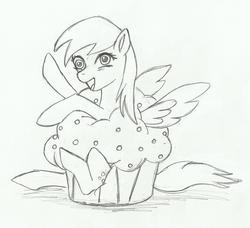 Size: 1481x1350 | Tagged: safe, artist:katkathasahathat, derpy hooves, pegasus, pony, g4, cute, engulfed, female, food, mare, monochrome, muffin, pencil drawing, solo, traditional art