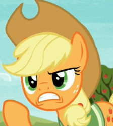 Size: 425x475 | Tagged: safe, screencap, applejack, earth pony, pony, buckball season, g4, angry, applejack's hat, cowboy hat, cropped, female, gif, hat, mare, non-animated gif, raised hoof, reaction image, solo, stetson