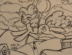 Size: 2090x1617 | Tagged: safe, artist:katkathasahathat, pinkie pie, earth pony, pony, g4, balloon, blushing, eyes closed, female, floating, flying, monochrome, ponyville, smiling, solo, then watch her balloons lift her up to the sky, traditional art