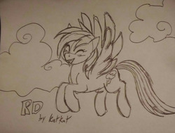 Size: 540x408 | Tagged: safe, artist:katkathasahathat, rainbow dash, g4, cloud, eyes closed, female, flying, monochrome, pencil drawing, solo, traditional art
