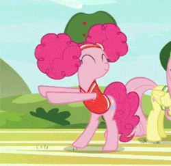 Size: 350x340 | Tagged: safe, screencap, fluttershy, pinkie pie, pegasus, pony, buckball season, g4, afro puffs, alternate hairstyle, animated, bipedal, clothes, cropped, cute, dancing, diapinkes, eyes closed, female, gif, pinktails pie, smiling, solo focus