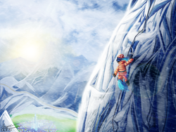 Size: 2000x1500 | Tagged: safe, artist:misiekpl, oc, oc only, blizzard, climbing, crystal empire, harness, mount everhoof, mountain, rope, signature, snow, snowfall