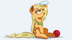 Size: 2000x1125 | Tagged: safe, artist:ncmares, applejack, earth pony, pony, buckball season, g4, aftermath, ball, clothes, cute, female, loose hair, mare, newbie artist training grounds, one eye closed, open mouth, sitting, solo, water, water bottle, wet mane