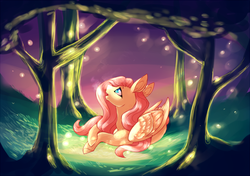 Size: 712x500 | Tagged: safe, artist:ectopi, artist:ghostportals, fluttershy, firefly (insect), g4, female, forest, night, prone, solo, tree