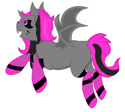 Size: 614x550 | Tagged: safe, artist:ventorian, oc, oc only, oc:regio, bat pony, pony, black sclera, clothes, fangs, female, freckles, horns, looking up, mare, open mouth, simple background, smiling, socks, solo, spread wings, striped socks, white background