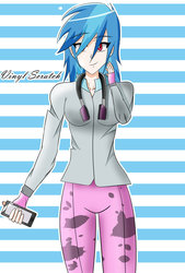 Size: 1024x1515 | Tagged: safe, artist:achaoticdotstar, dj pon-3, vinyl scratch, human, g4, anime, bad anatomy, cellphone, female, generic, headphones, humanized, phone, shiny, solo