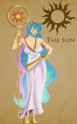 Size: 1771x2833 | Tagged: safe, artist:kalidiaz, princess celestia, human, g4, big breasts, breasts, busty princess celestia, elf ears, female, humanized, lipstick, praise the sun, solo, staff