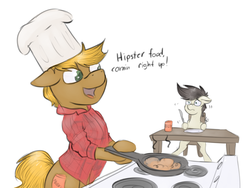 Size: 1280x965 | Tagged: safe, artist:marsminer, oc, oc only, oc:keith, oc:mox, chef's hat, clothes, cooking, dialogue, flannel, food, fork, hat, knife, moxie soda, scared, skillet, table, worried