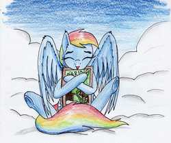 Size: 2392x2003 | Tagged: safe, artist:40kponyguy, derpibooru exclusive, rainbow dash, g4, 30 minute art challenge, book, cloud, eyes closed, female, high res, laughing, solo, spread wings, traditional art, underhoof