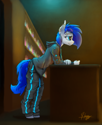 Size: 3200x3900 | Tagged: safe, artist:happygnarwal, oc, oc only, oc:sapphire sights, anthro, unguligrade anthro, alcohol, bar, cargo pants, clothes, coin, eyeshadow, gauges, high res, jacket, makeup, piercing, solo