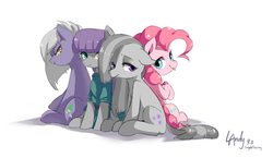 Size: 2000x1159 | Tagged: safe, artist:luciferamon, limestone pie, marble pie, maud pie, pinkie pie, g4, clothes, female, looking at you, pie sisters, simple background, sitting, smiling, tongue out, white background