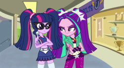 Size: 4648x2544 | Tagged: safe, artist:fundz64, artist:razethebeast, artist:themexicanpunisher, aria blaze, sci-twi, twilight sparkle, equestria girls, g4, ariasparkle, bracelet, canterlot high, cheerleader, clothes, crossed arms, cute, duo, glasses, hallway, high res, jewelry, juliet starling, lollipop chainsaw, midriff, necklace, pants, pendant, pigtails, pleated skirt, skirt, smiling, tara strong, twintails, voice actor joke