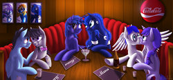 Size: 1600x740 | Tagged: safe, artist:rulsis, octavia melody, princess luna, oc, oc:arcus wind, oc:rulsis, oc:satin lace, pony, g4, canon x oc, group date, kissing, male, shipping, straight