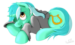 Size: 1600x972 | Tagged: safe, artist:rulsis, lyra heartstrings, pony, g4, :o, clothes, dig the swell hoodie, female, hoodie, lying down, one eye closed, solo