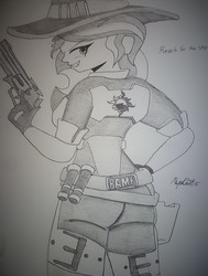 Size: 2871x3804 | Tagged: safe, artist:missmayaleanne, sunset shimmer, equestria girls, g4, bamf, crossover, female, gun, high res, jesse mccree, monochrome, overwatch, solo, traditional art, weapon
