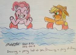 Size: 960x694 | Tagged: safe, artist:rapidsnap, applejack, pinkie pie, earth pony, pony, g4, annoyed, grin, life preserver, life savers, ocean, smiling, stranded, traditional art, water